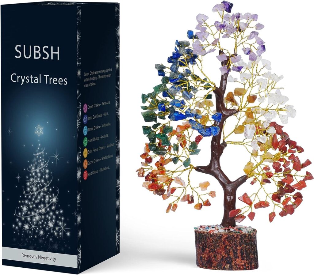 SUBSH Seven Chakra Natural Healing Gemstone Crystal Bonsai Fortune Money Tree for Good Luck, Wealth  Prosperity Home Office Kitchen Décor Spiritual Gift (Golden Wire and 300 Beads) Size 10-12 Inches…