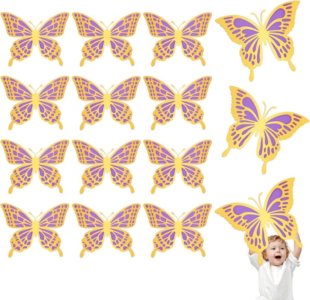 14 Pcs 3D Large Butterfly Party Decoration Butterfly Birthday Decorations Giant Butterflies 2 Sizes Paper Butterfly Wall Decor for Birthday Baby Shower Wedding Room Decorations (Purple and Gold)