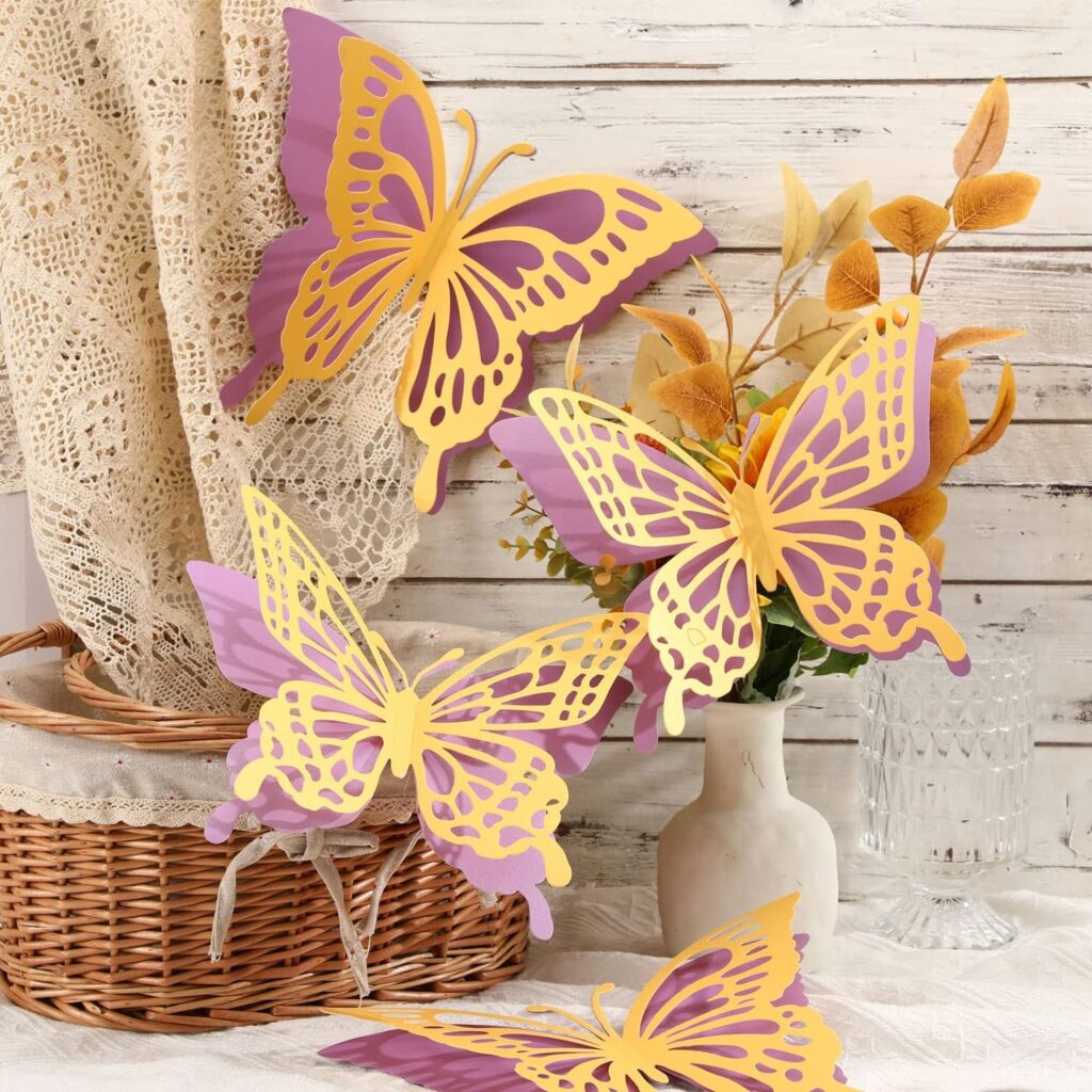 14 Pcs 3D Large Butterfly Party Decoration Butterfly Birthday Decorations Giant Butterflies 2 Sizes Paper Butterfly Wall Decor for Birthday Baby Shower Wedding Room Decorations (Purple and Gold)