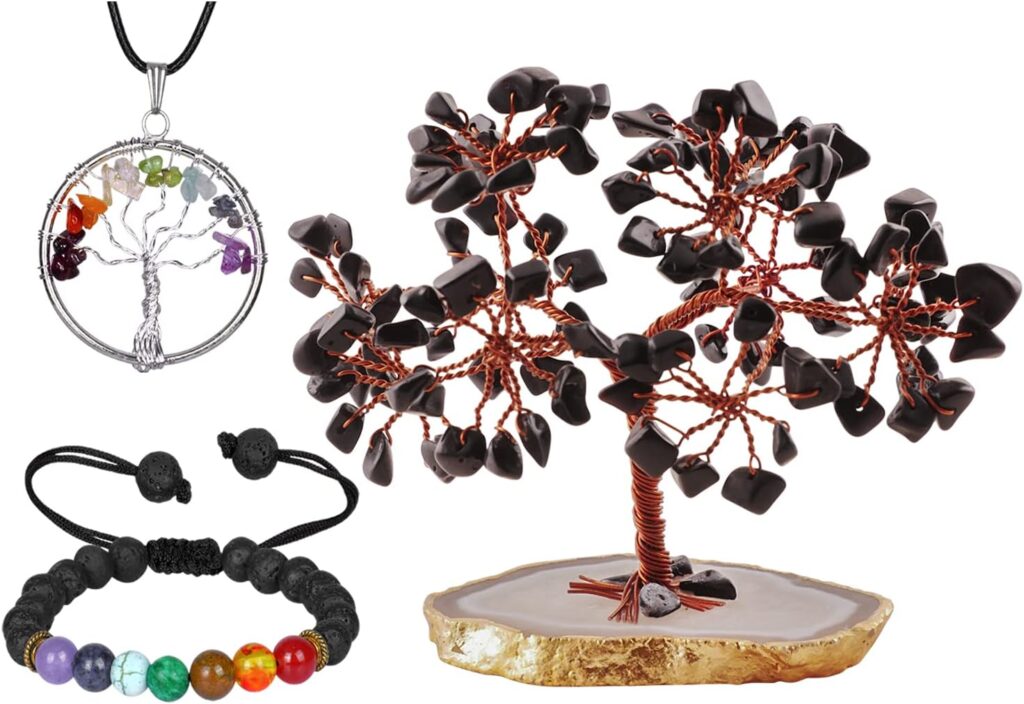 Black Tourmaline Crystal - Artificial Money Tree - Artificial Plants - Wire Tree Sculpture - Desk Decorations for Women Office - Feng Shui Crystal - Good Luck Gems