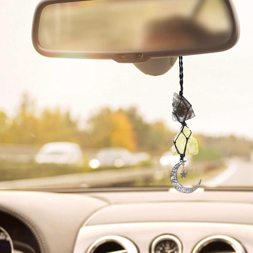 BOHO GARDEN Hanging Car Charm - Smoky Quartz  Citrine - Dangling Moon, Healing Crystal Accessories, Rearview Mirror Decorations ÐGrounding, Cleansing, Protection, Joy, Abundance, Clarity, Energy