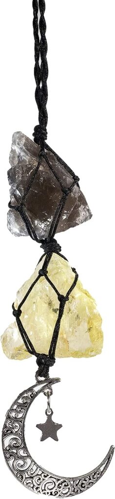 BOHO GARDEN Hanging Car Charm - Smoky Quartz  Citrine - Dangling Moon, Healing Crystal Accessories, Rearview Mirror Decorations ÐGrounding, Cleansing, Protection, Joy, Abundance, Clarity, Energy