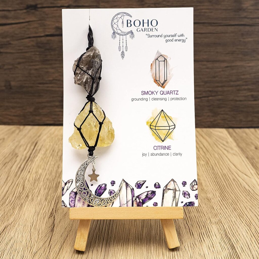 BOHO GARDEN Hanging Car Charm - Smoky Quartz  Citrine - Dangling Moon, Healing Crystal Accessories, Rearview Mirror Decorations ÐGrounding, Cleansing, Protection, Joy, Abundance, Clarity, Energy