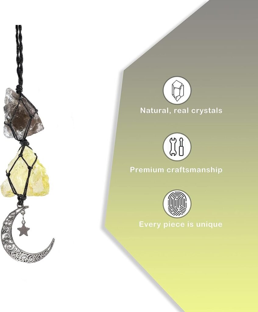 BOHO GARDEN Hanging Car Charm - Smoky Quartz  Citrine - Dangling Moon, Healing Crystal Accessories, Rearview Mirror Decorations ÐGrounding, Cleansing, Protection, Joy, Abundance, Clarity, Energy