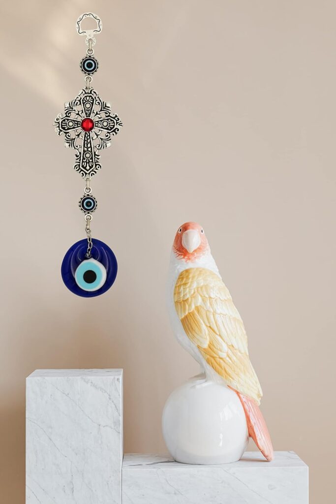 Evil Eye Decor Blue Evil Eye Cross with Red Stone Hanging Ornament Decoration Amulet Design for Abundance Good Luck and Blessings Pendant Spiritual Decoration for Car Home Wall Office Ornament