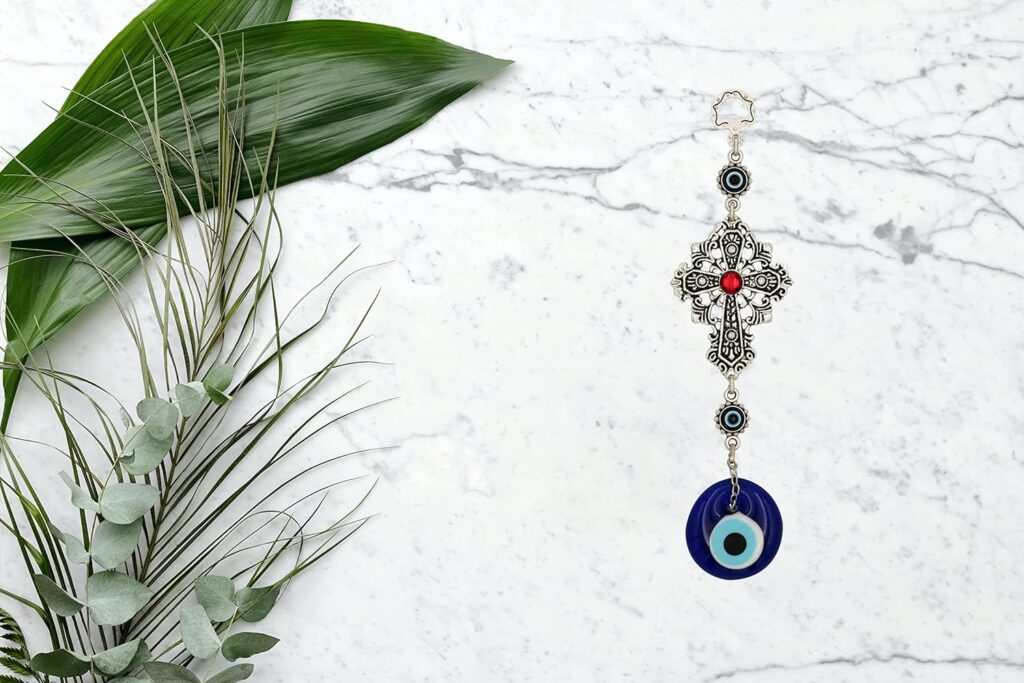 Evil Eye Decor Blue Evil Eye Cross with Red Stone Hanging Ornament Decoration Amulet Design for Abundance Good Luck and Blessings Pendant Spiritual Decoration for Car Home Wall Office Ornament