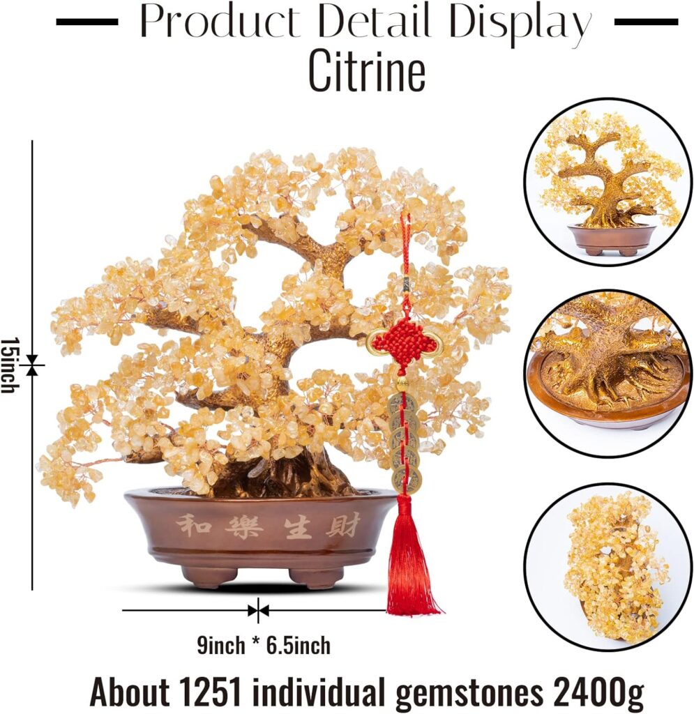 GEMBOURY Natural Large Citrine Tree,14Feng Shui Money Tree(1251 Gemstone Count)Citrine Crystal Tree for Abundance Prosperity Success Fortune Decoration Tree Bonsai for Home  Office Good Luck Wealth