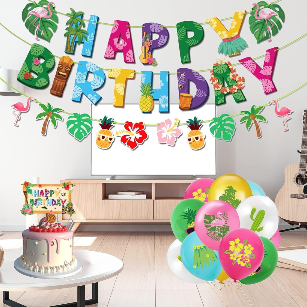 Hawaiian Birthday Party Decorations, Abundant Hawaiian Luau Birthday Party Supplies Including Banner Hawaiian Themed Cupcake Toppers Latex Balloons for Tropical Themed Parties Summer Beach