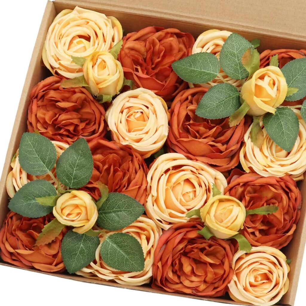 J-Rijzen Artificial Flowers Burnt Orange Silk Austin Roses Silk Flowers with Stem for DIY Wedding Bouquets Centerpieces Baby Shower Party Home Decorations