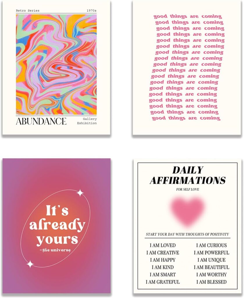 KEUSPI Trendy Y2K Preppy Pink Gradient Aura Abundance Daily Affirmations Its Already Yours The Universe Poster Prints For Dorm Decor,Trendy Decorations Prints Wall Art Unframed 8x10 Inches Set of 4