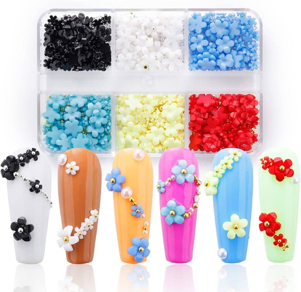 3D Flower Nail Art Decals Charms, Colorful Acrylic Beautiful Nail Charms with Abundant Golden Pearl Golden Caviar Beads for Women Girls DIY Manicures Salon Accessories（B）