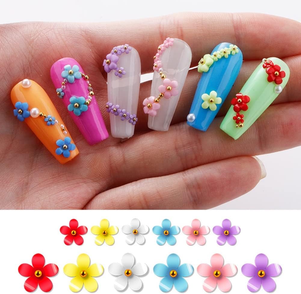 3D Flower Nail Art Decals Charms, Colorful Acrylic Beautiful Nail Charms with Abundant Golden Pearl Golden Caviar Beads for Women Girls DIY Manicures Salon Accessories（B）