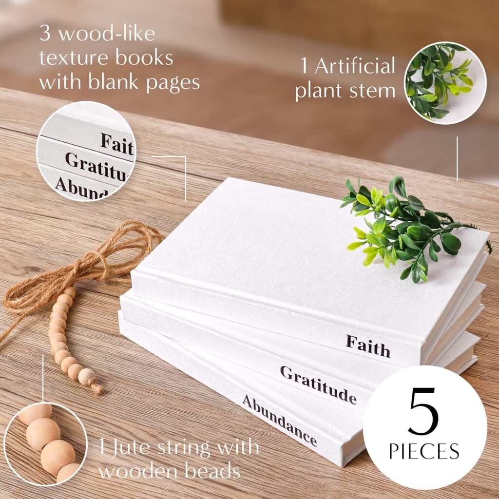 Chotime Decorative Books for Home Decor, 3-Pcs Faux Books for Decoration with Rope, Beads, Decorative Plant, Boho Decor Books for Coffee Table, Fake Books, White Decor