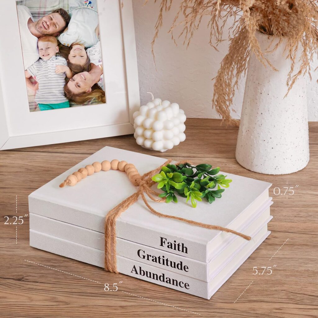 Chotime Decorative Books for Home Decor, 3-Pcs Faux Books for Decoration with Rope, Beads, Decorative Plant, Boho Decor Books for Coffee Table, Fake Books, White Decor