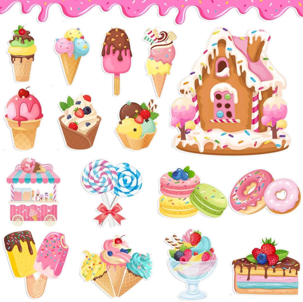 Faccito 48 Pcs Candy Party Decorations Ice Cream Dessert Cut Outs Candy Classroom Theme Bulletin Board Decorations Donut Cupcake Lollipop Wall Cutouts for Sweet Theme Birthday Party Supplies