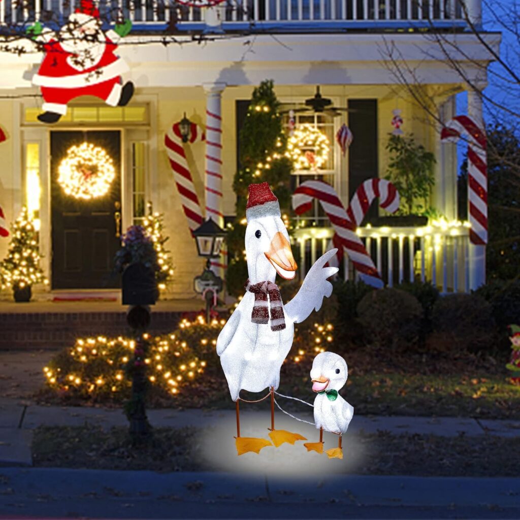 MAGGIFT 2 Pack Lighted Tinsel Ducks Christmas Decor, with Clear 50 Count Incandescent Lights, Light Up 30 Mother Duck and 12 Baby Duck Indoor or Outdoor Yard Lawn Festive Holiday Decoration