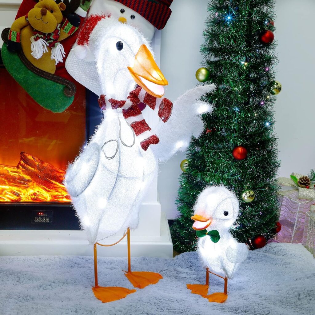 MAGGIFT 2 Pack Lighted Tinsel Ducks Christmas Decor, with Clear 50 Count Incandescent Lights, Light Up 30 Mother Duck and 12 Baby Duck Indoor or Outdoor Yard Lawn Festive Holiday Decoration