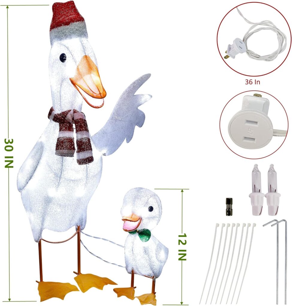 MAGGIFT 2 Pack Lighted Tinsel Ducks Christmas Decor, with Clear 50 Count Incandescent Lights, Light Up 30 Mother Duck and 12 Baby Duck Indoor or Outdoor Yard Lawn Festive Holiday Decoration