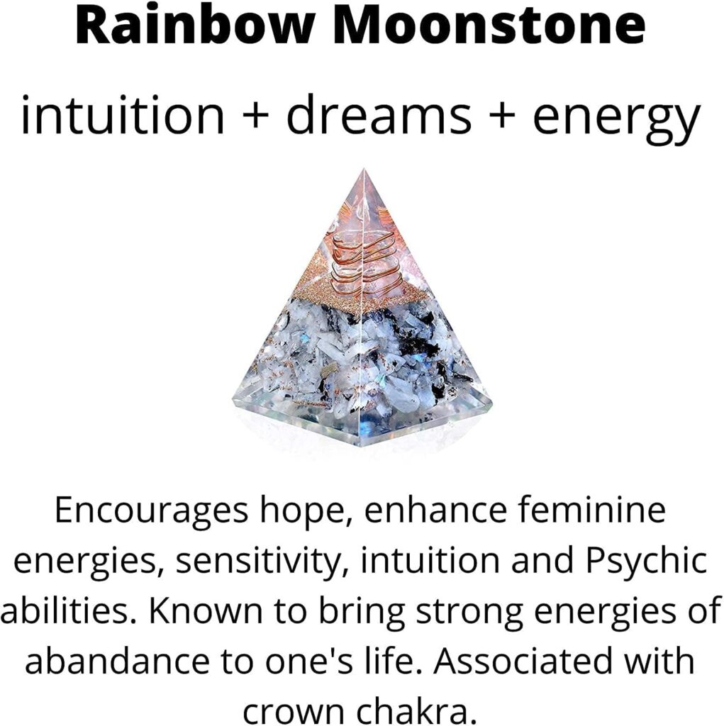 New Inspirational Orgonite Pyramid for Success | Rainbow Moonstone Orgone Pyramid for Anti-stress - Calmness – Growth – Strength – Healing Crystal Gemstone Pyramid