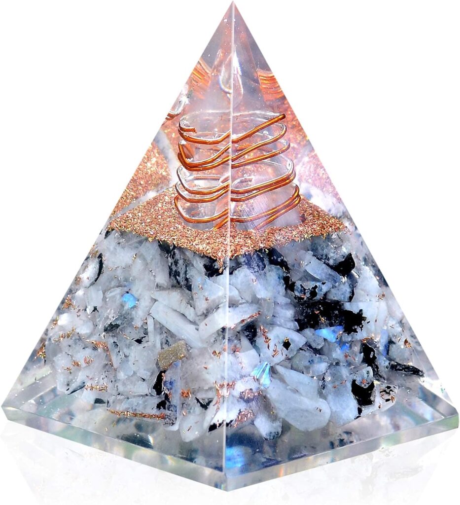 New Inspirational Orgonite Pyramid for Success | Rainbow Moonstone Orgone Pyramid for Anti-stress - Calmness – Growth – Strength – Healing Crystal Gemstone Pyramid