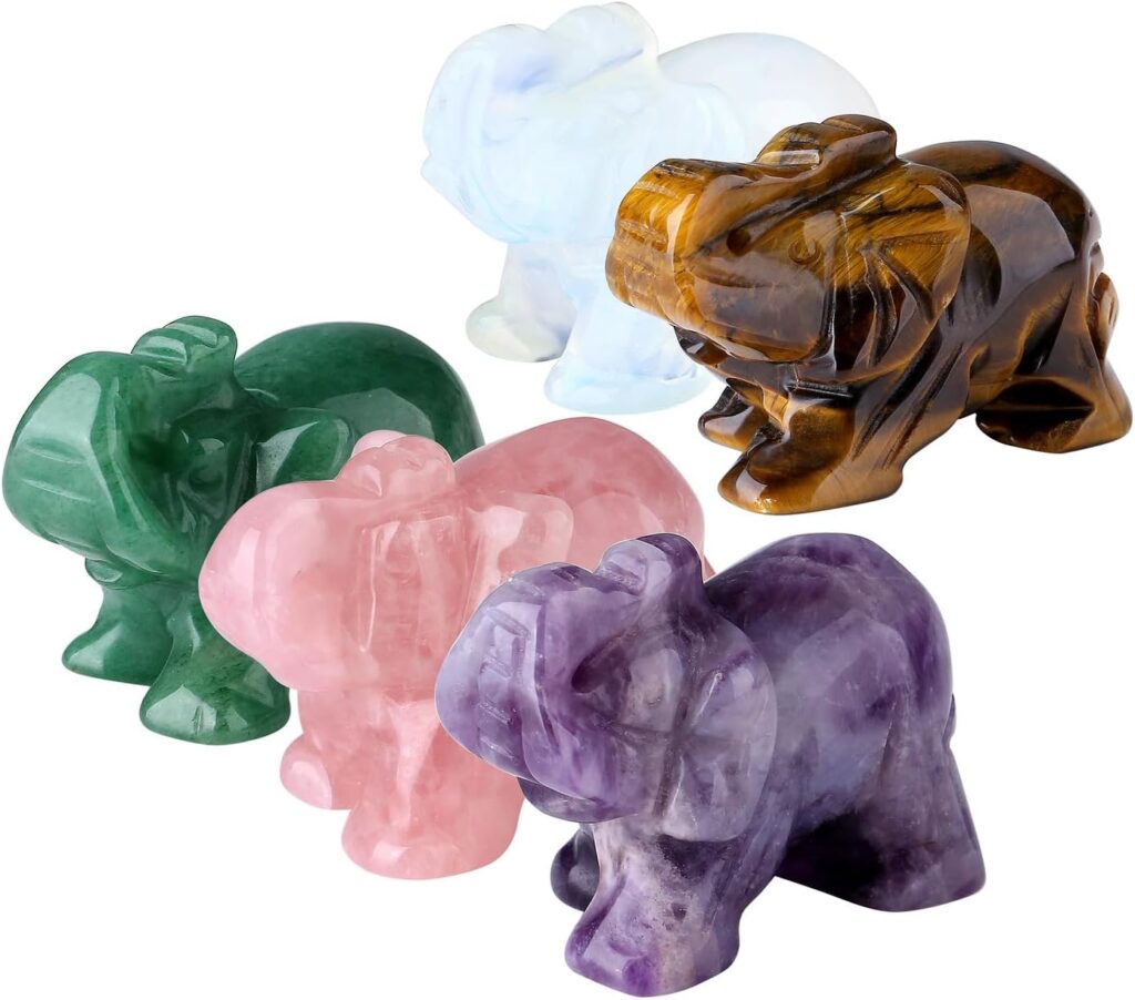 QINJIEJIE 5PCS Crystals Elephant Decor Amethyst Rose Quartz Green Aventurine Opal Tiger Eye Cute Desk Stones Statue Natural Gemstones Decoration Room Office Pocket Spiritual Gem Gifts for Women 1.5