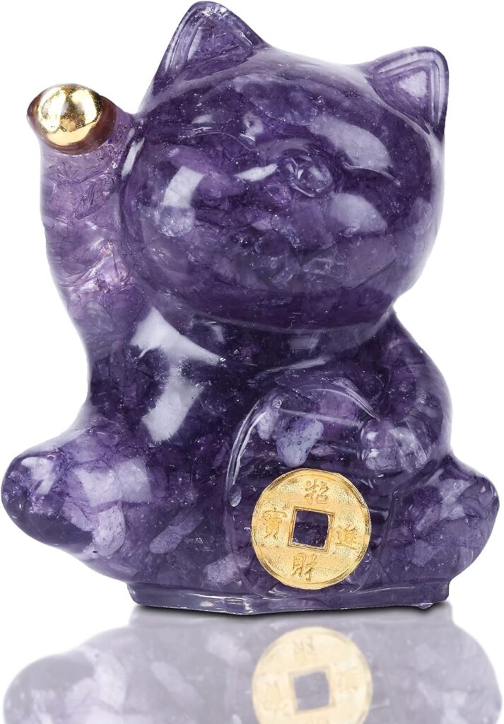 Reyife Yellow Crystal Lucky Cat Figurine Hand Carved Maneki Neko Money Cats Statue Feng Shui Decoration for Home Office Attract Good Luck Money Wealth with Gift Box (Amethyst)