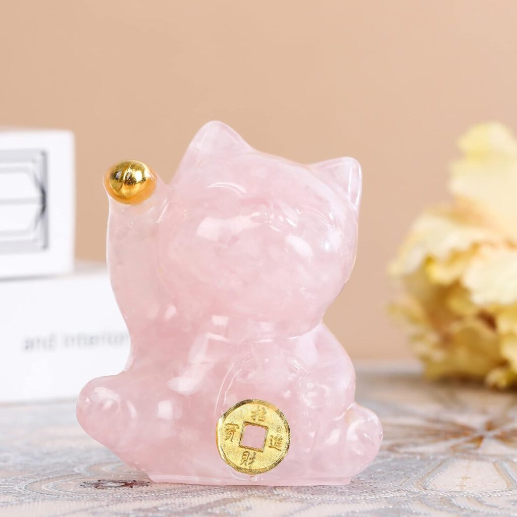 Reyife Yellow Crystal Lucky Cat Figurine Hand Carved Maneki Neko Money Cats Statue Feng Shui Decoration for Home Office Attract Good Luck Money Wealth with Gift Box (Amethyst)